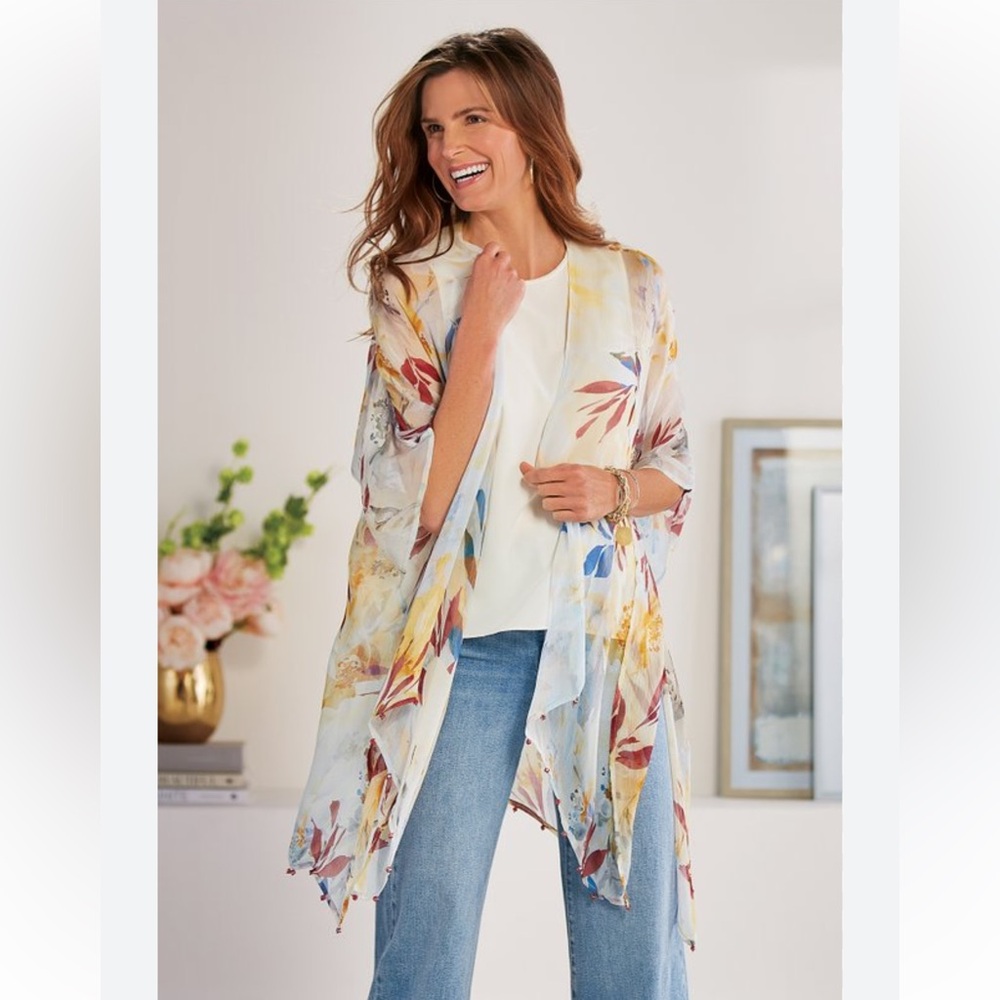 Soft Surroundings Floral Print Kimono Size L/XL Beaded Trim Hem Boho Chic Beach